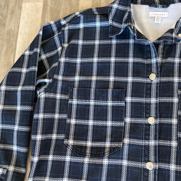 TOPSHOP Oversized Plaid Shacket Shirt Jacket Denim Navy Blue 6 EB - Picture 10 of 16